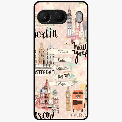 Aesthetic Travel Glass Case for 1+Nord 4 front view featuring wanderlust inspired travel artwork