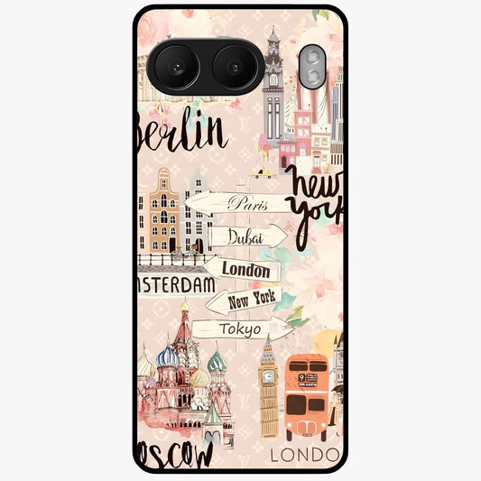 Aesthetic Travel Glass Case for 1+Nord 4 front view featuring wanderlust inspired travel artwork