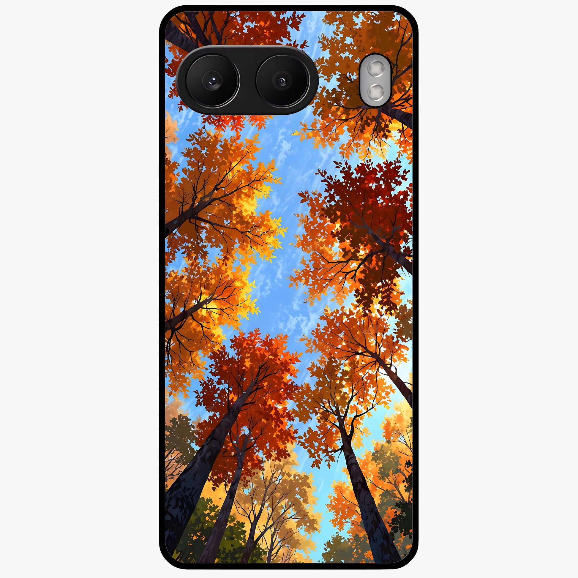 Amber Canopy Glow Glass Case for 1+Nord 4 warm front view featuring glowing forest canopy artwork