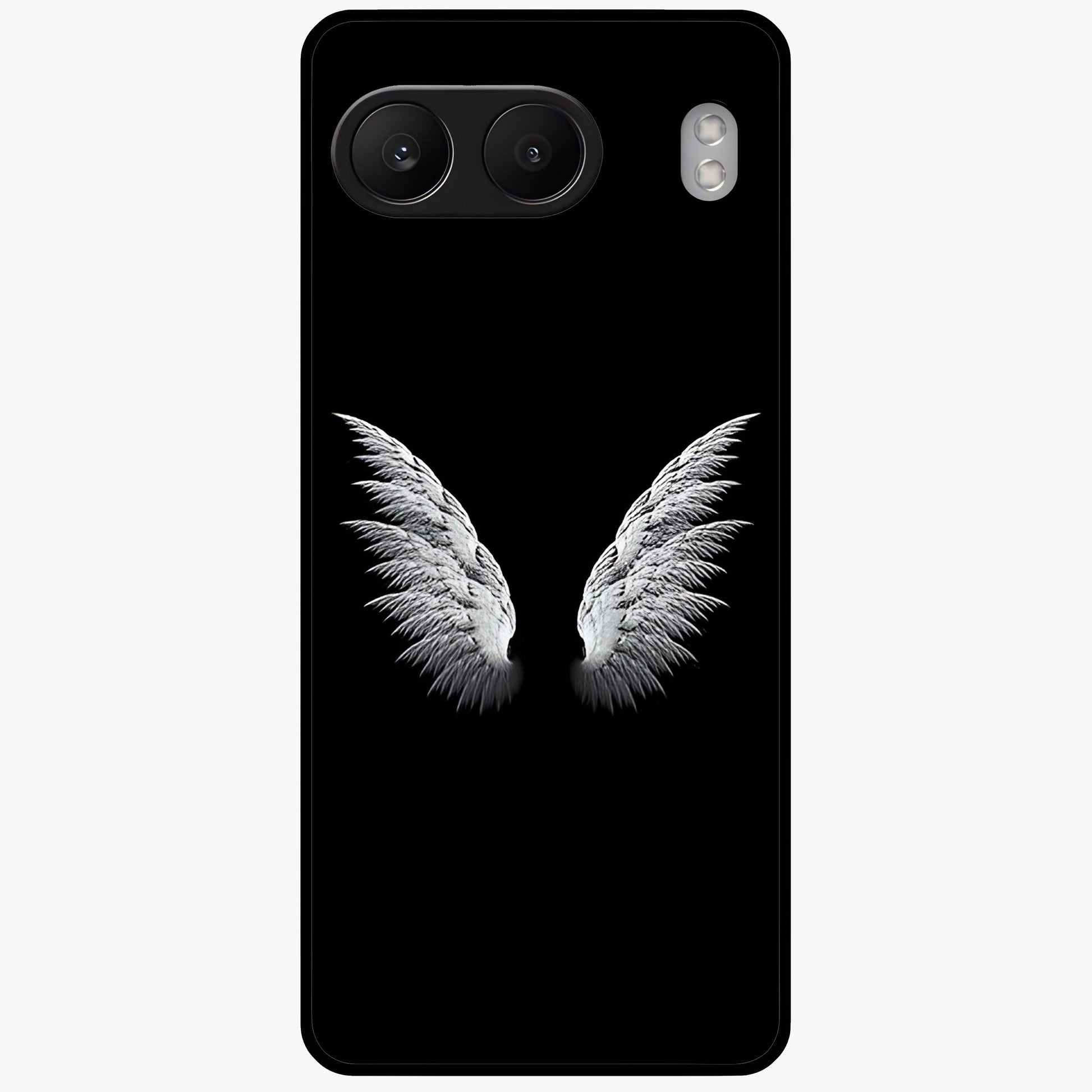 Angel Wing Grace Glass Case for 1+Nord 4 elegant front view featuring soft angel wing artwork