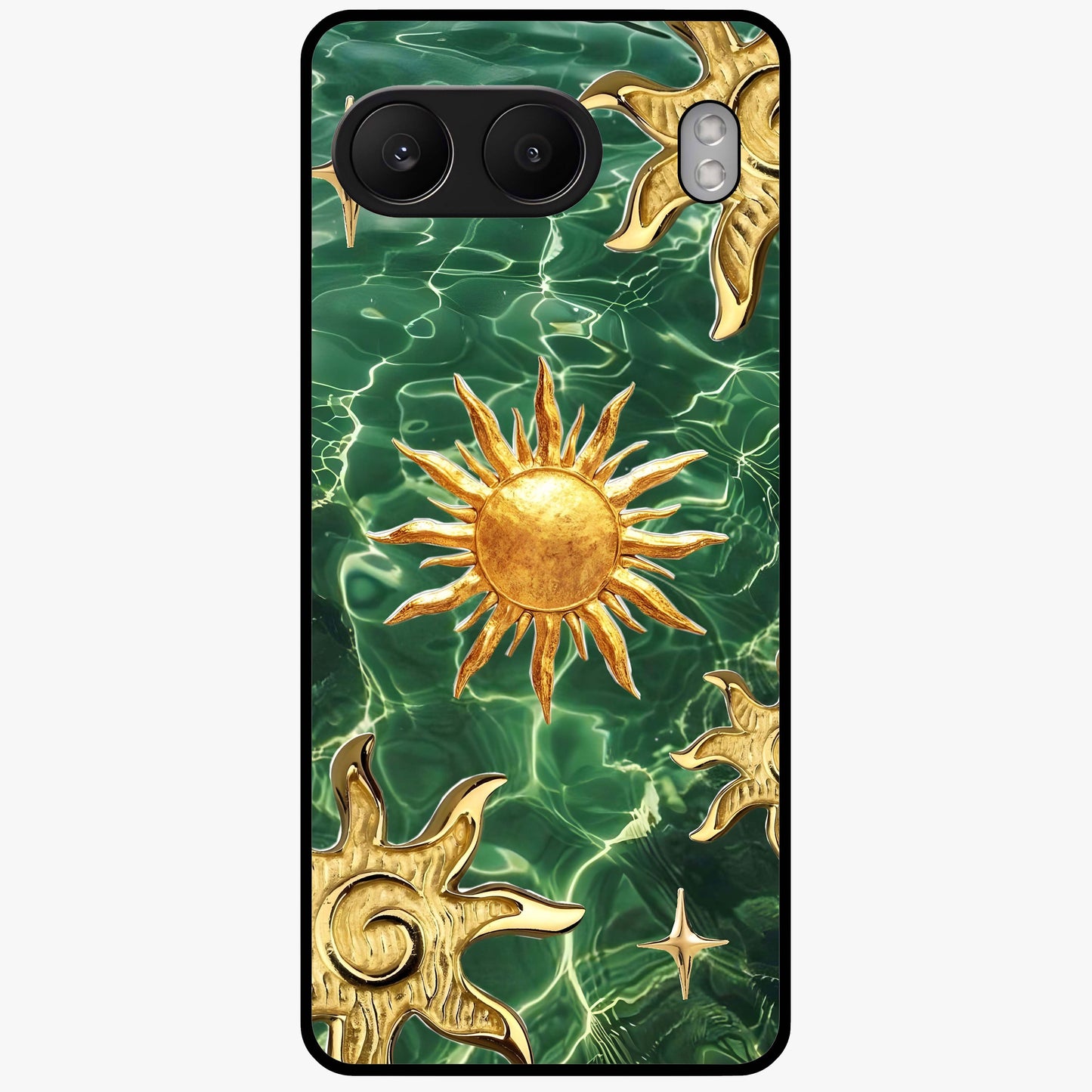 Aqua Sun Mirage Glass Case for 1+Nord 4 vibrant front view featuring aqua blue sun inspired artwork