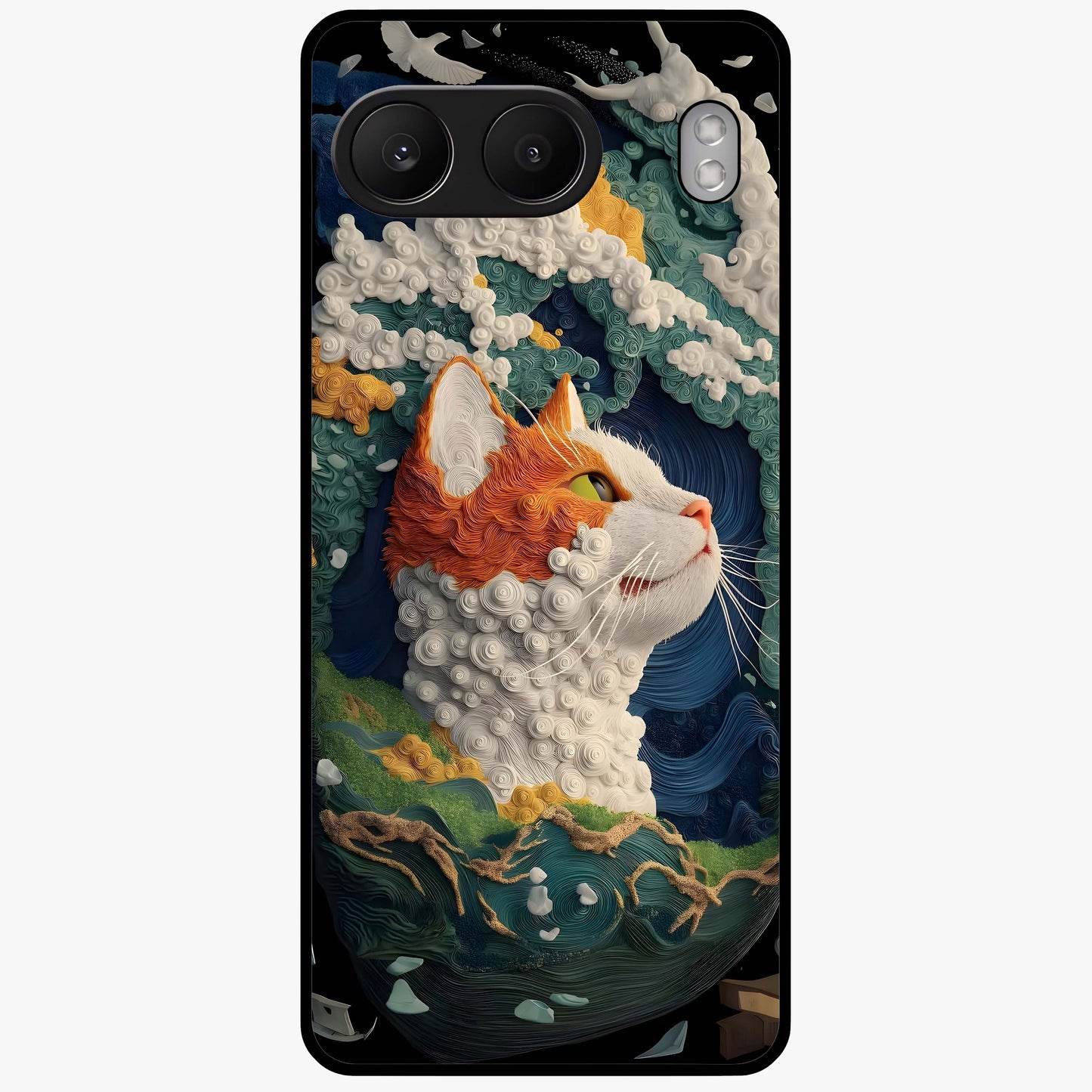 Aurora Cat Dreams Glass Case for 1+Nord 4 dreamy front view featuring glowing cat artwork with aurora tones