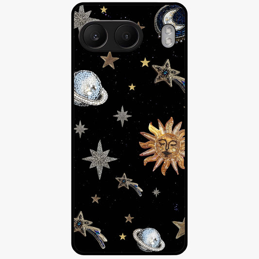 Beaded Cosmic Dreams Glass Case for 1+Nord 4 front view featuring celestial bead inspired cosmic artwork