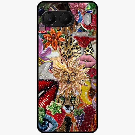 Beaded Fashion Jungle Glass Case for 1+Nord 4 bold front view featuring beaded jungle themed artwork
