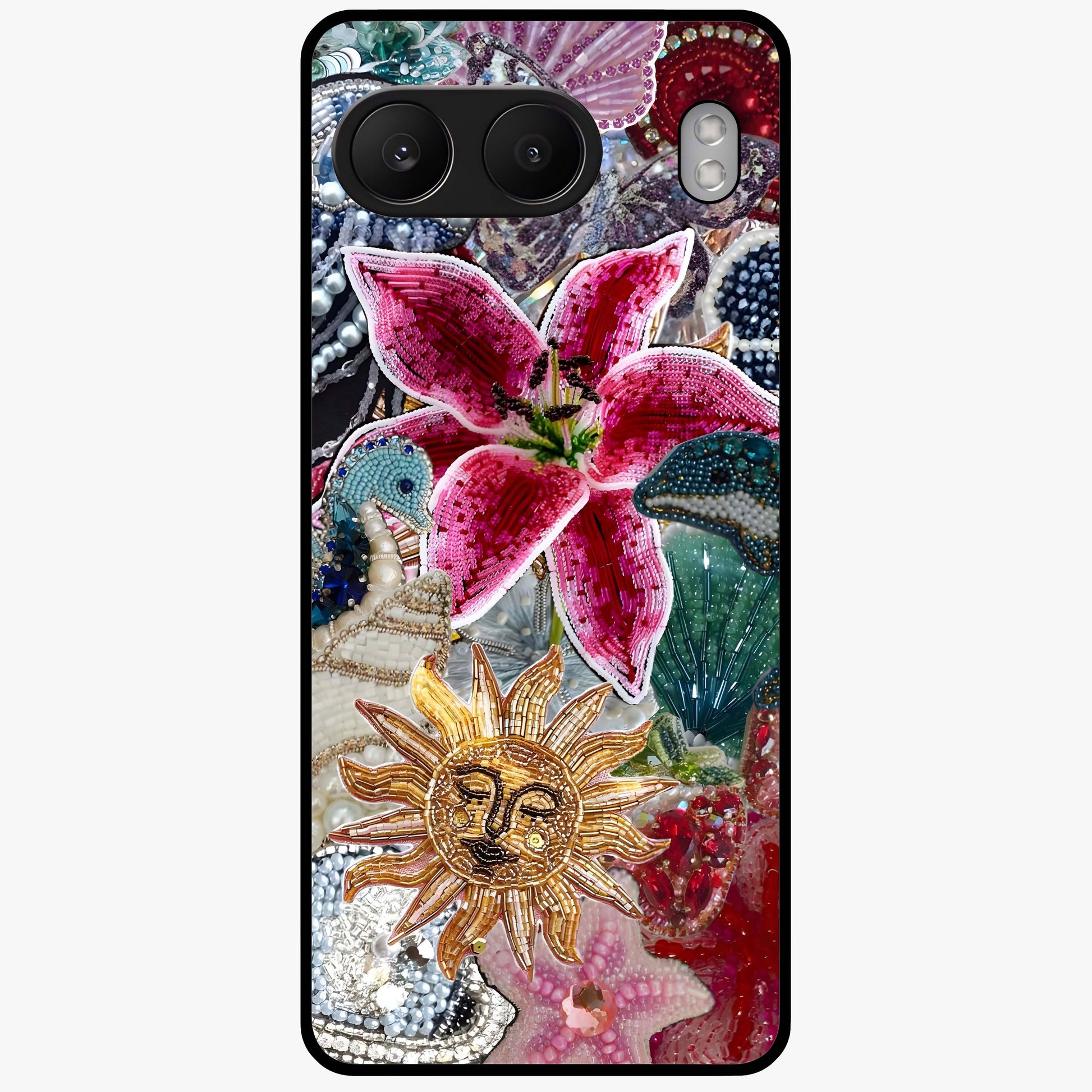 Beaded Garden Fantasy Glass Case for 1+Nord 4 front view featuring colorful beaded floral garden artwork