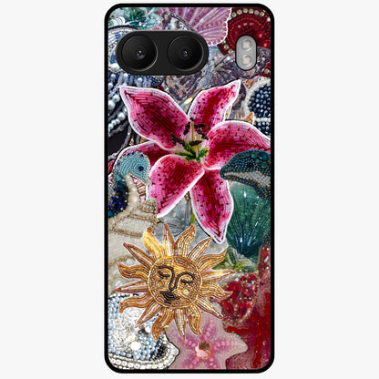 Beaded Garden Fantasy Glass Case for 1+Nord 4 front view featuring colorful beaded floral garden artwork