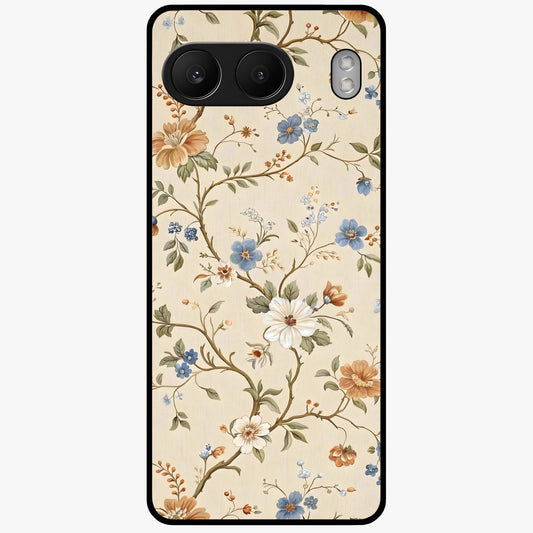 Beige Vintage Flower Glass Case for 1+Nord 4 soft front view featuring classic beige floral artwork