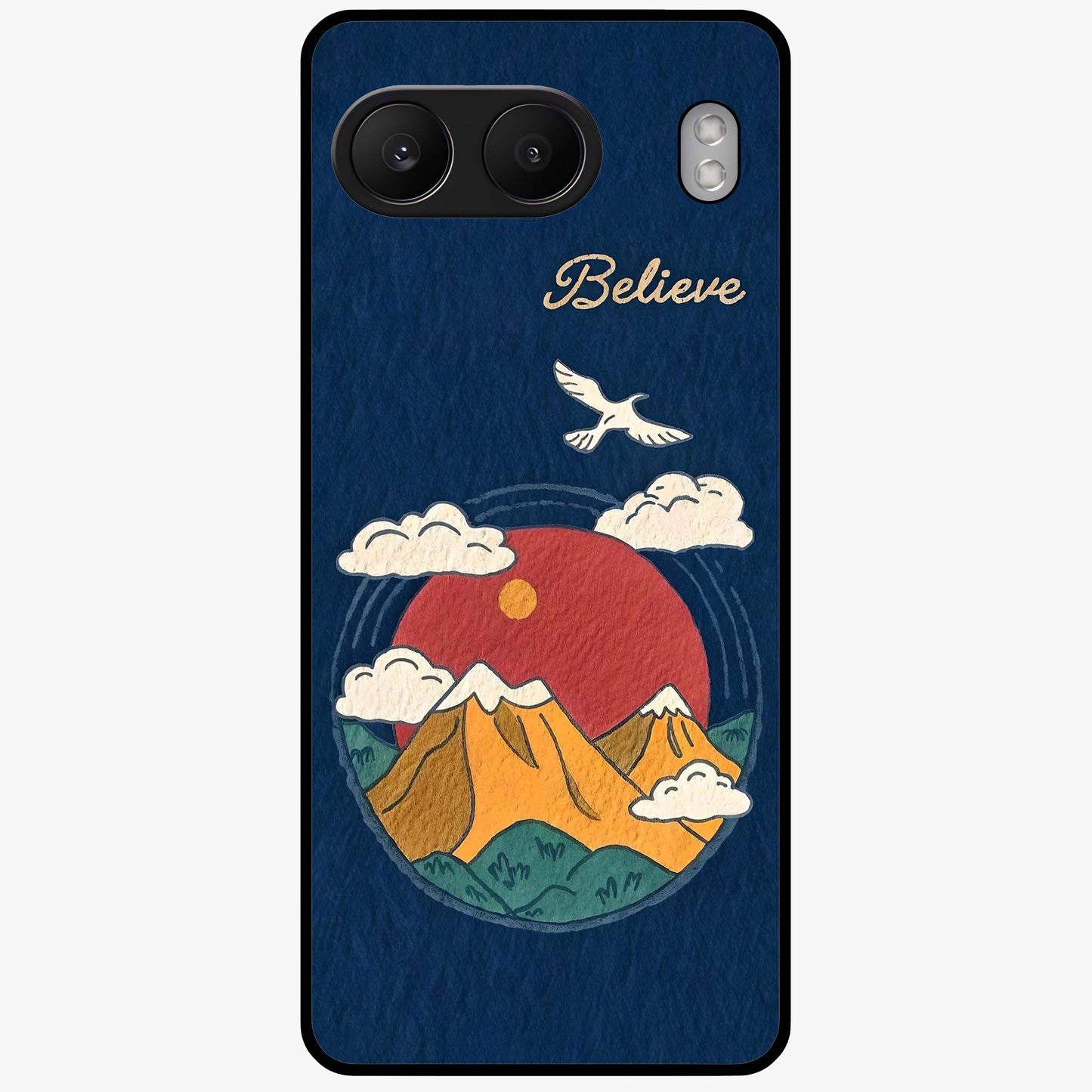 Believe Sky Escape Glass Case for 1+Nord 4 inspirational front view featuring sky inspired artwork with uplifting message