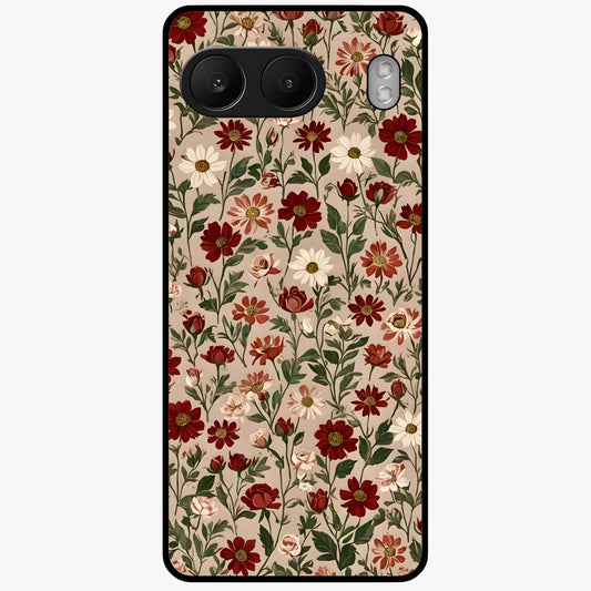 Biege Flower With Leaf Glass Case for 1+Nord 4 front view featuring soft beige floral artwork with leaf detailing