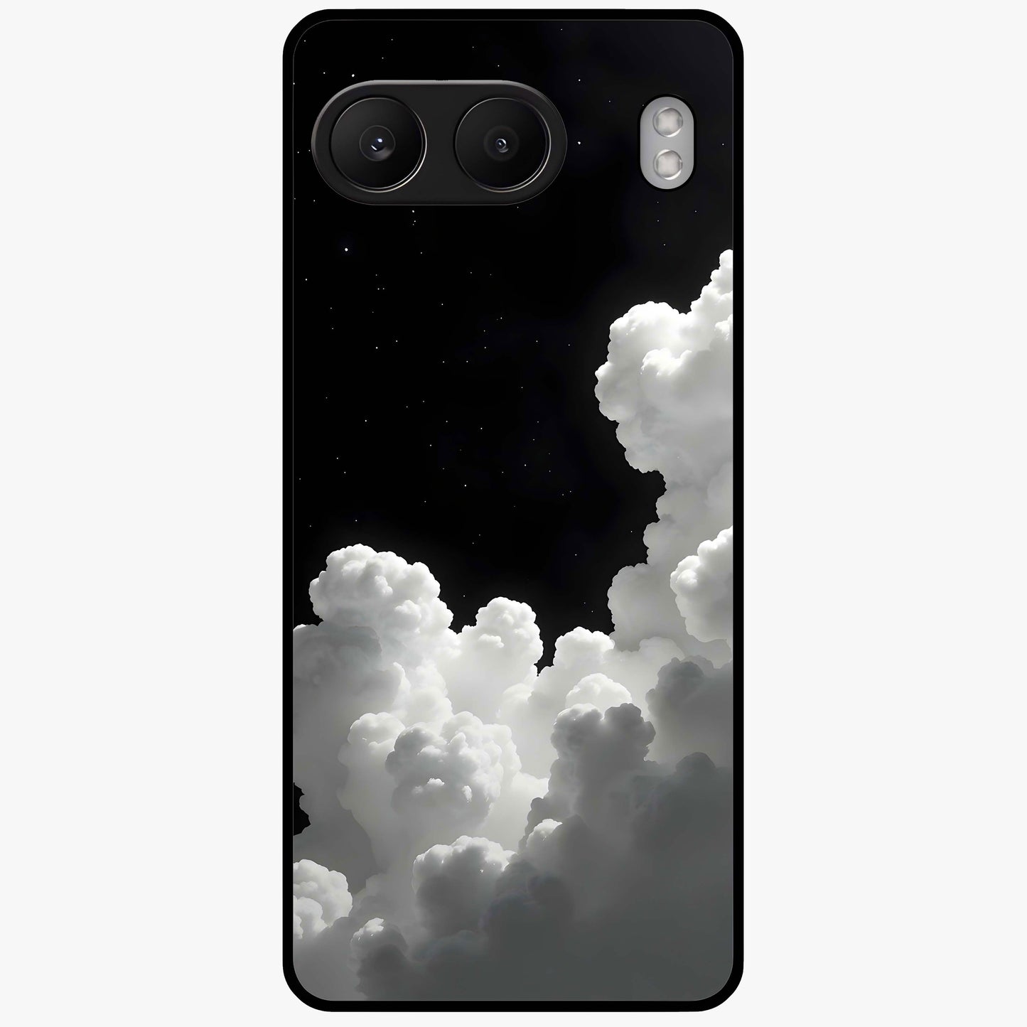 Black Background With White Cloud Glass Case for 1+Nord 4 striking front view featuring white cloud artwork on deep black backdrop