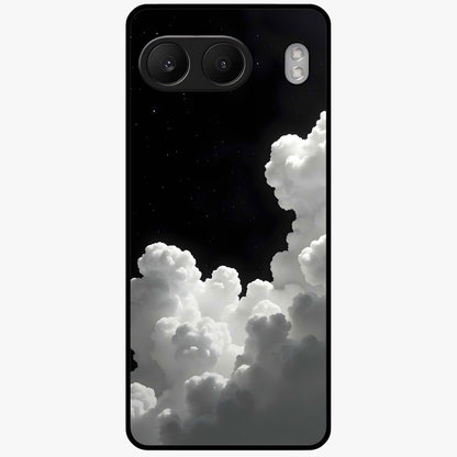 Black Background With White Cloud Glass Case for 1+Nord 4 striking front view featuring white cloud artwork on deep black backdrop