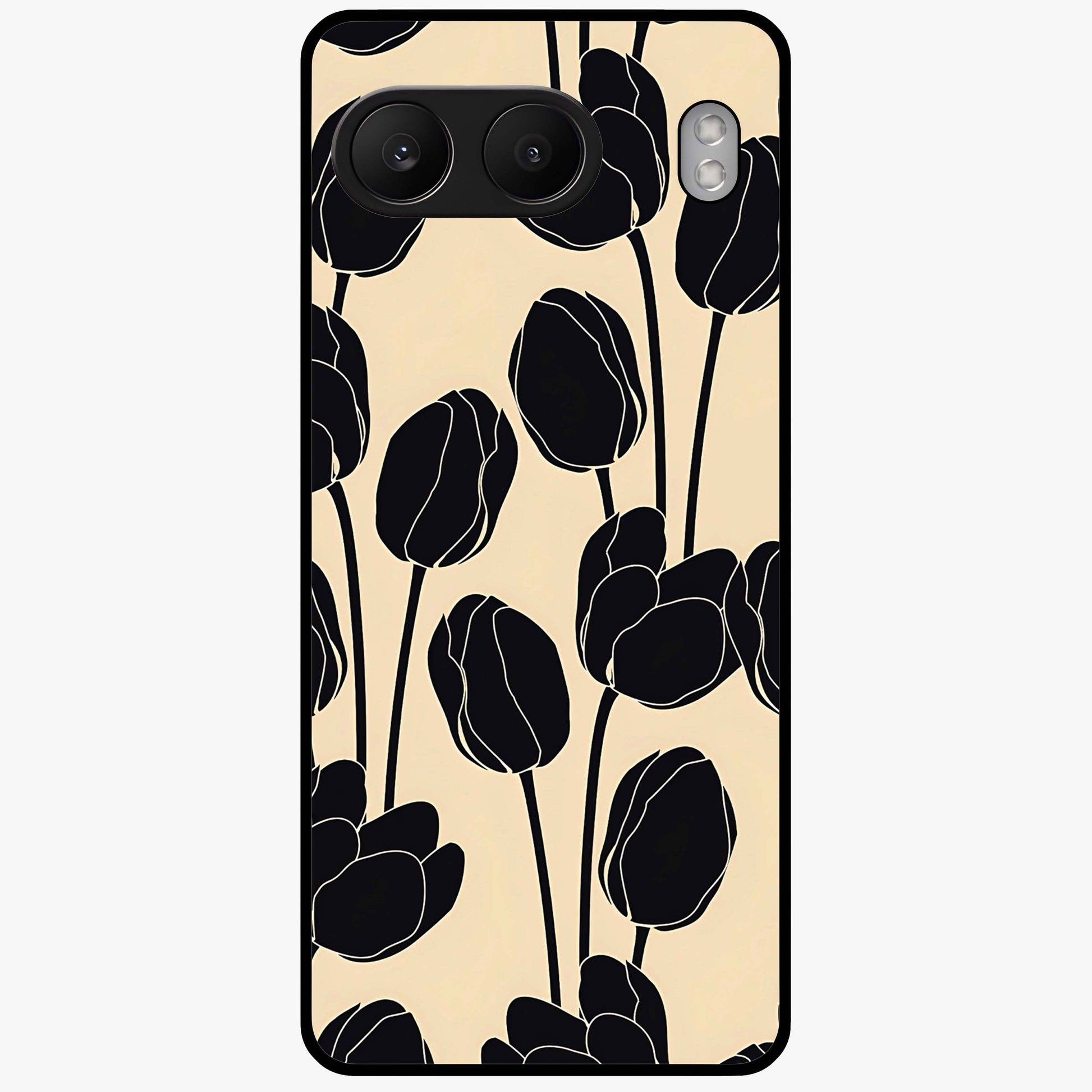 Black Designer Tulip Glass Case for 1+Nord 4 elegant front view featuring refined tulip artwork on black background