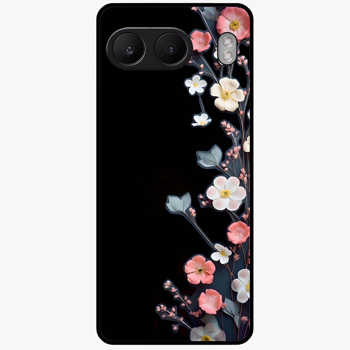 Black Elegance Floral Custom Name Glass Case for 1+Nord 4 luxurious front view featuring floral artwork with personalized name design