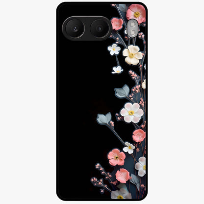 Black Elegance Floral Custom Name Glass Case for 1+Nord 4 luxurious front view featuring floral artwork with personalized name design