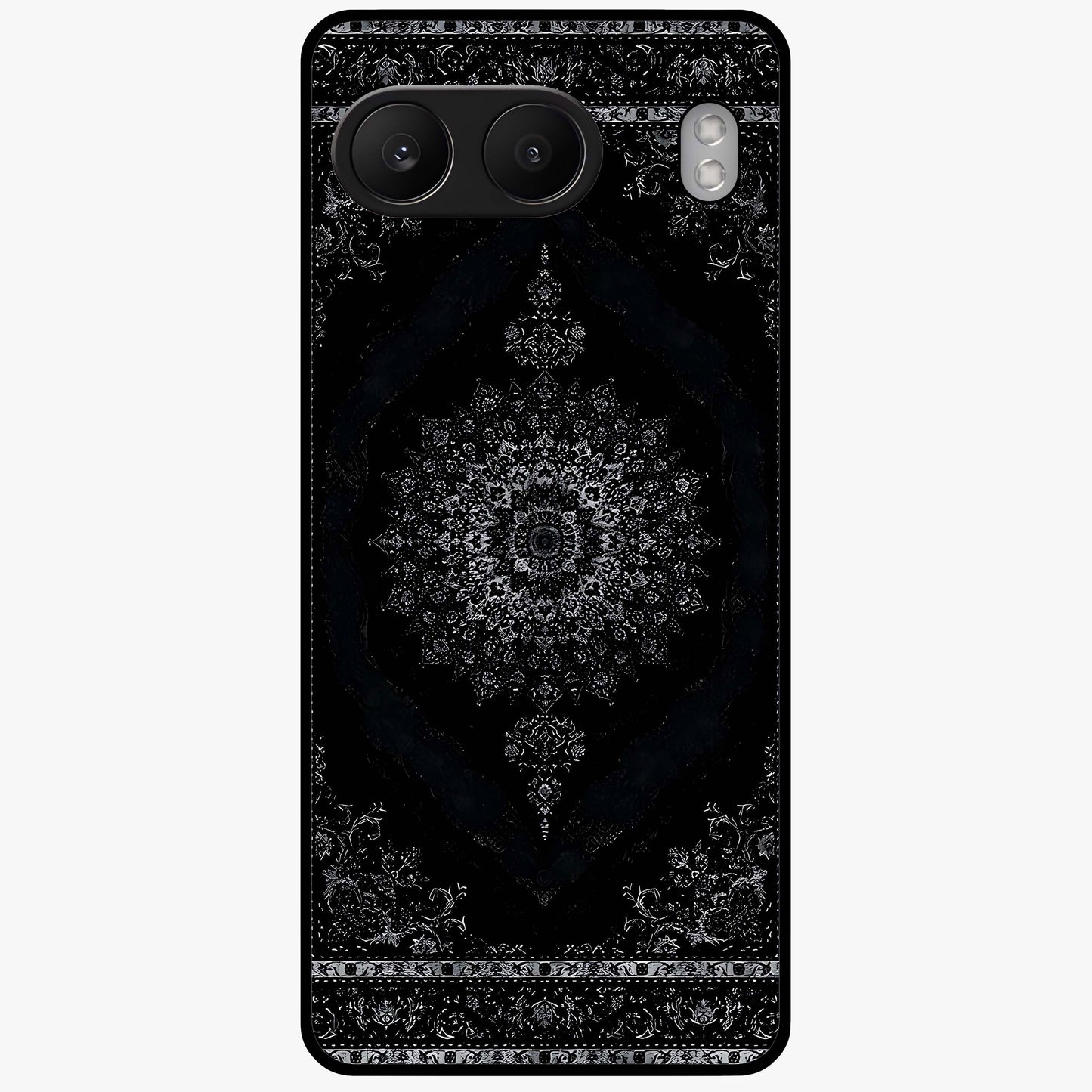 Black Persian Carpet Glass Case for 1+Nord 4 rich front view featuring intricate Persian carpet pattern artwork