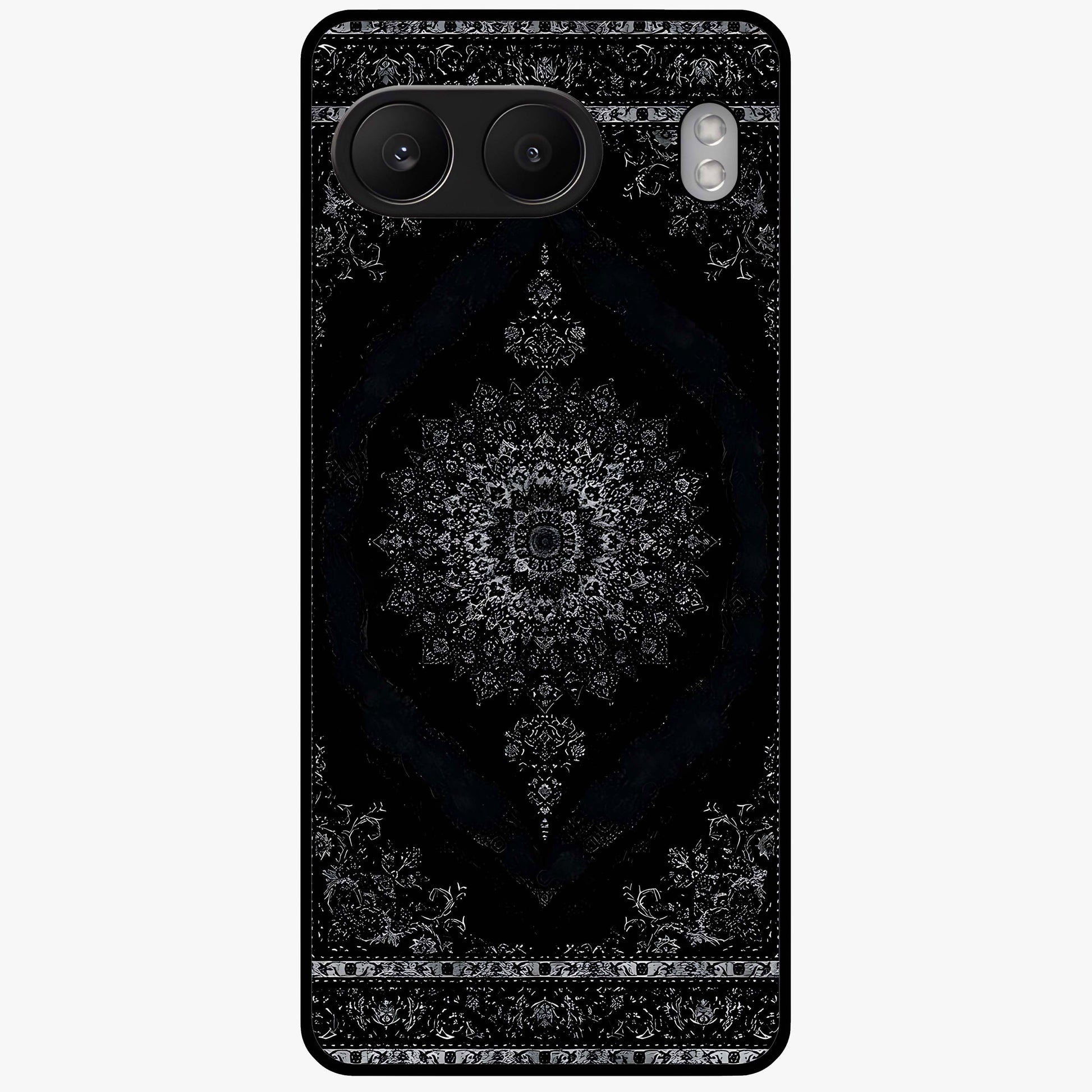 Black Persian Carpet Glass Case for 1+Nord 4 rich front view featuring intricate Persian carpet pattern artwork