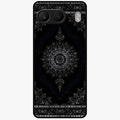 Black Persian Carpet Glass Case for 1+Nord 4 rich front view featuring intricate Persian carpet pattern artwork