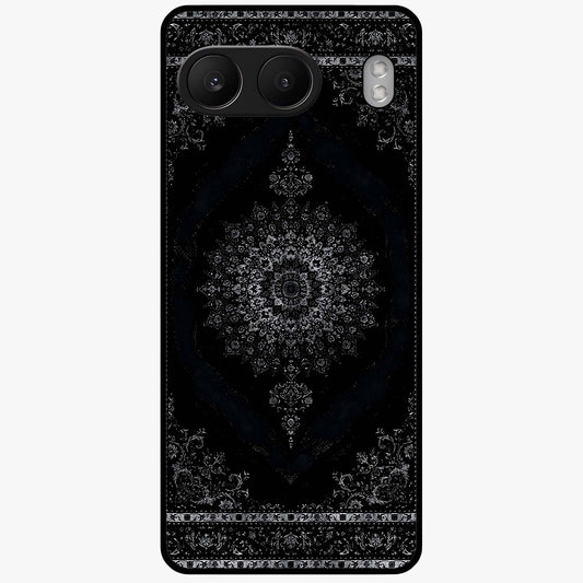 Black Persian Carpet Glass Case for 1+Nord 4 rich front view featuring intricate Persian carpet pattern artwork