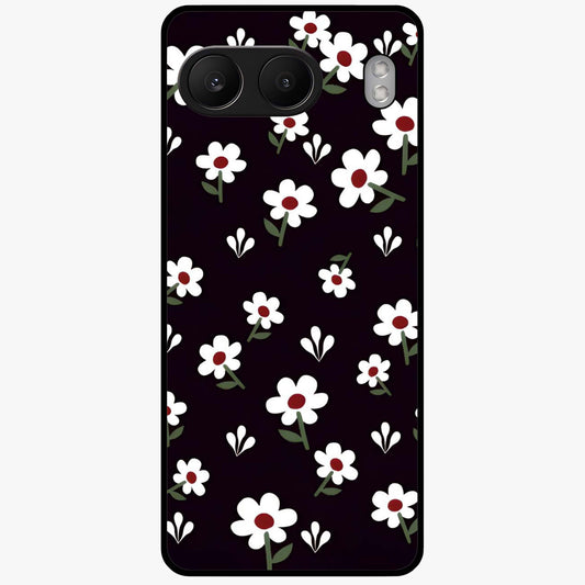 Black Prints Daisy Flower Pattern Glass Case for 1+Nord 4 front view featuring white daisy floral artwork on black base