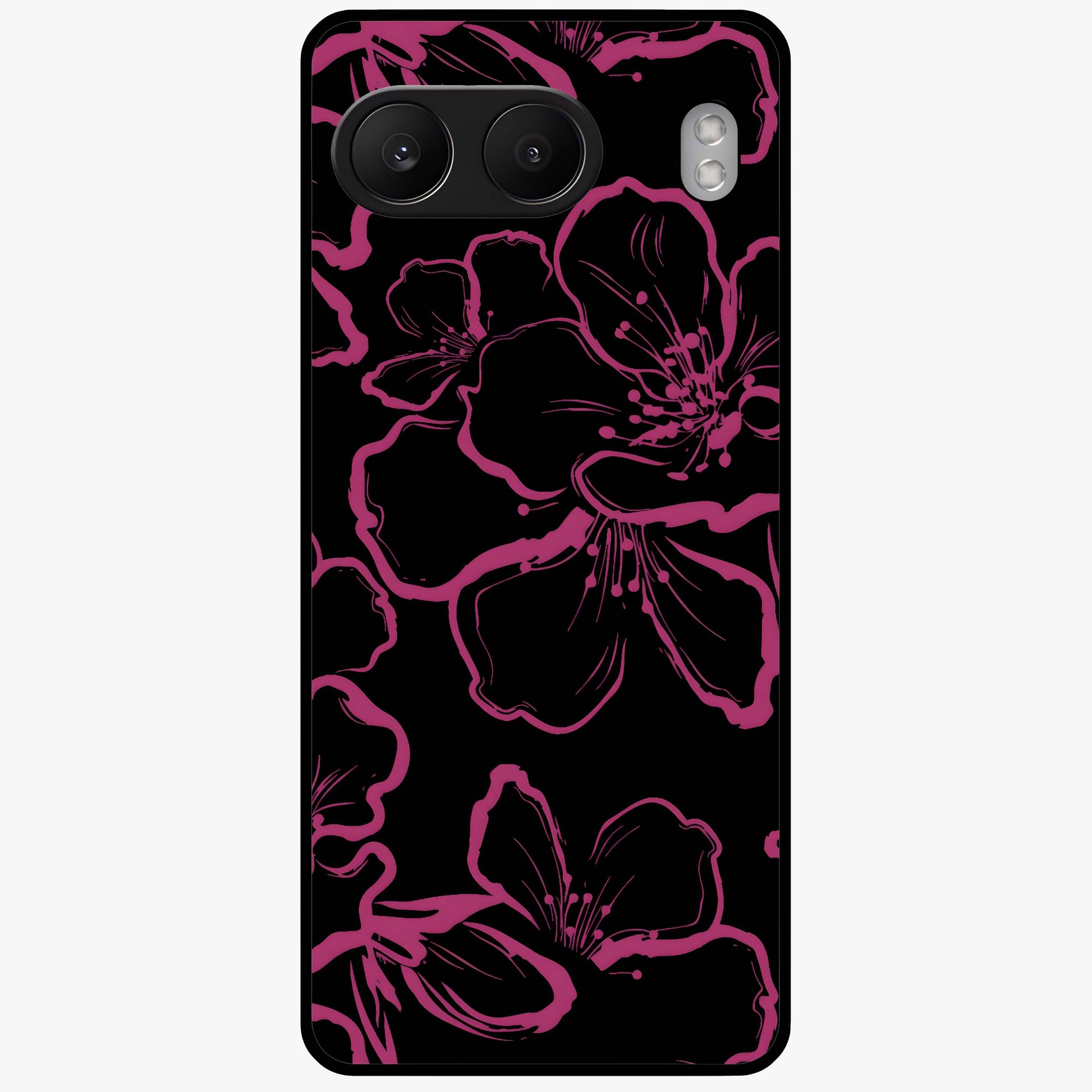 Black Violet Sketch Garden Glass Case for 1+Nord 4 artistic front view featuring violet floral sketch artwork