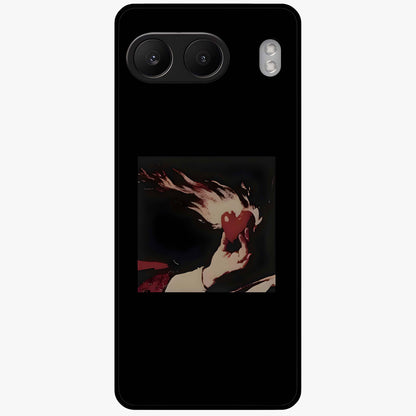 Blazing Heart Faith Glass Case for 1+Nord 4 showing full back design in clean flat view with fiery heart artwork and glossy glass finish.