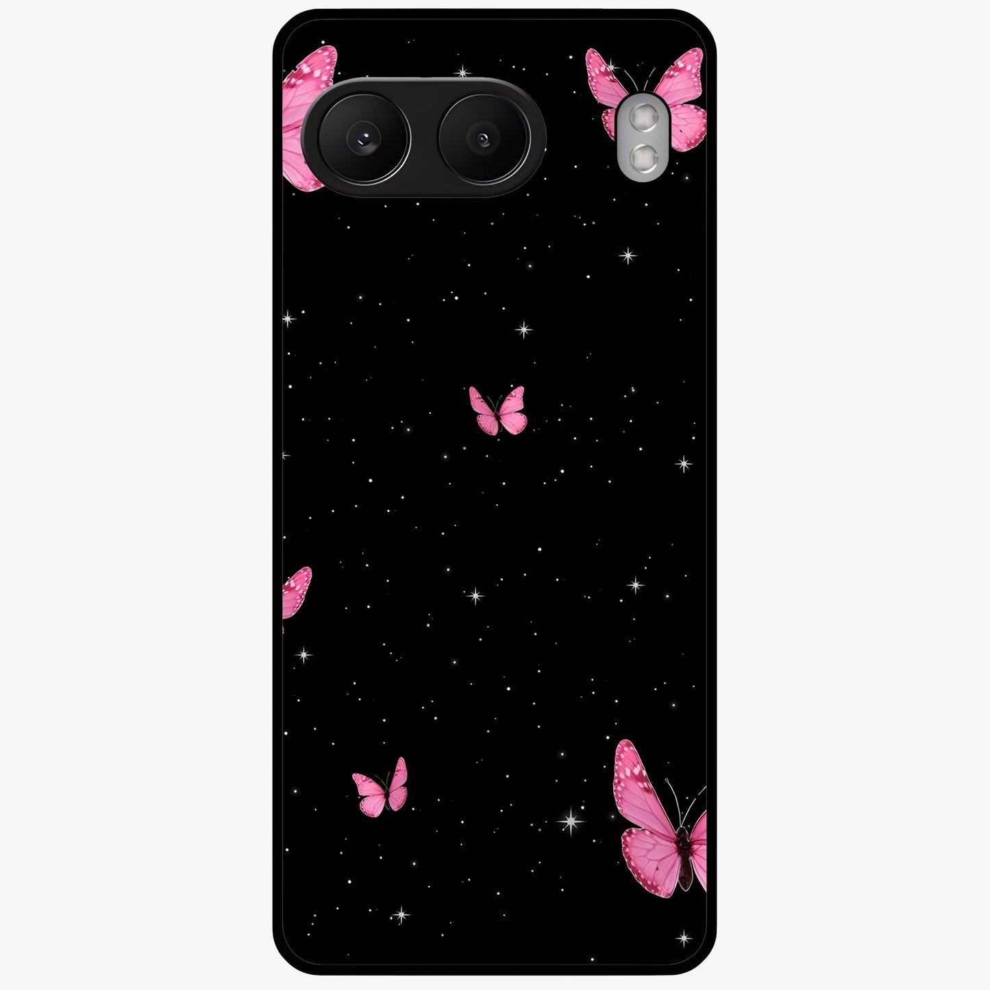 Blinking Butterfly Glass Case for 1+Nord 4 showing full back design in clean flat view with delicate butterfly artwork and glossy glass finish.