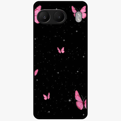Blinking Butterfly Glass Case for 1+Nord 4 showing full back design in clean flat view with delicate butterfly artwork and glossy glass finish.