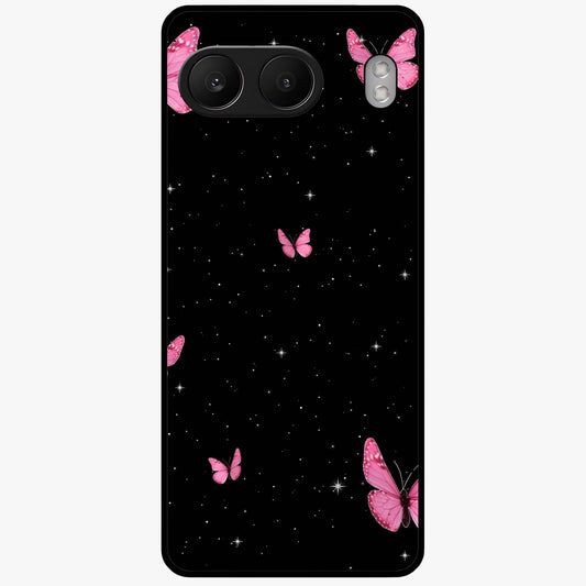 Blinking Butterfly Glass Case for 1+Nord 4 showing full back design in clean flat view with delicate butterfly artwork and glossy glass finish.