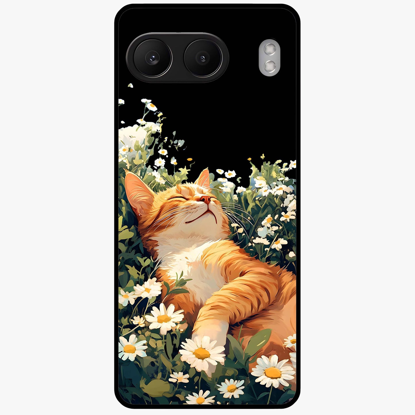 Blissful Bloom Cat Glass Case for 1+Nord 4 charming front view featuring floral cat artwork with soft aesthetic tones