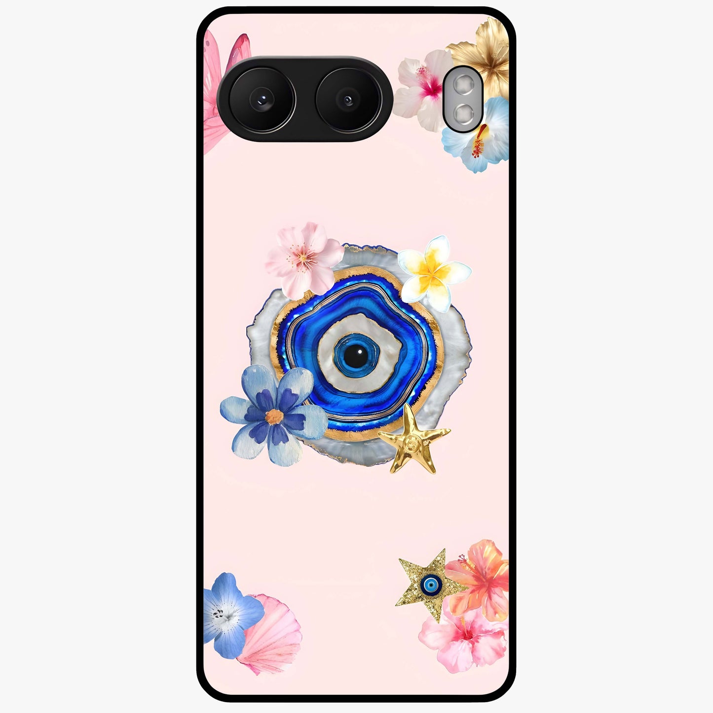 Blossom Evil Charm Glass Case for 1+Nord 4 elegant front view featuring floral evil eye inspired artwork