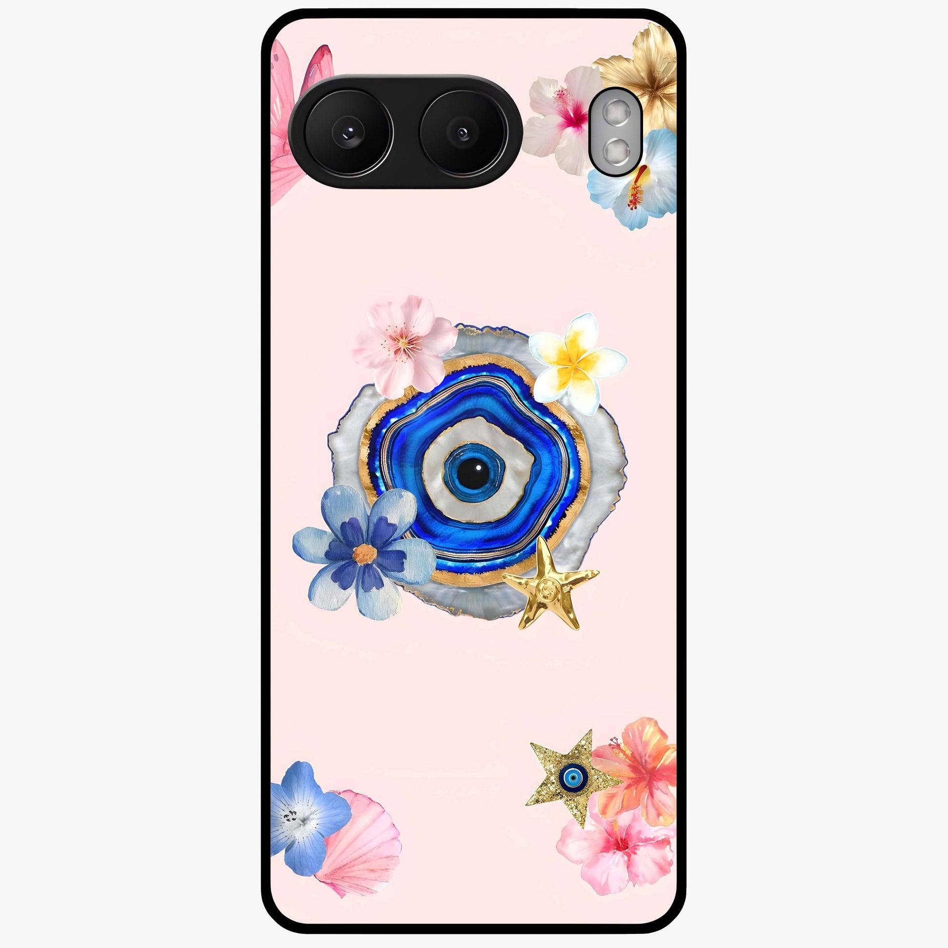 Blossom Evil Charm Glass Case for 1+Nord 4 elegant front view featuring floral evil eye inspired artwork