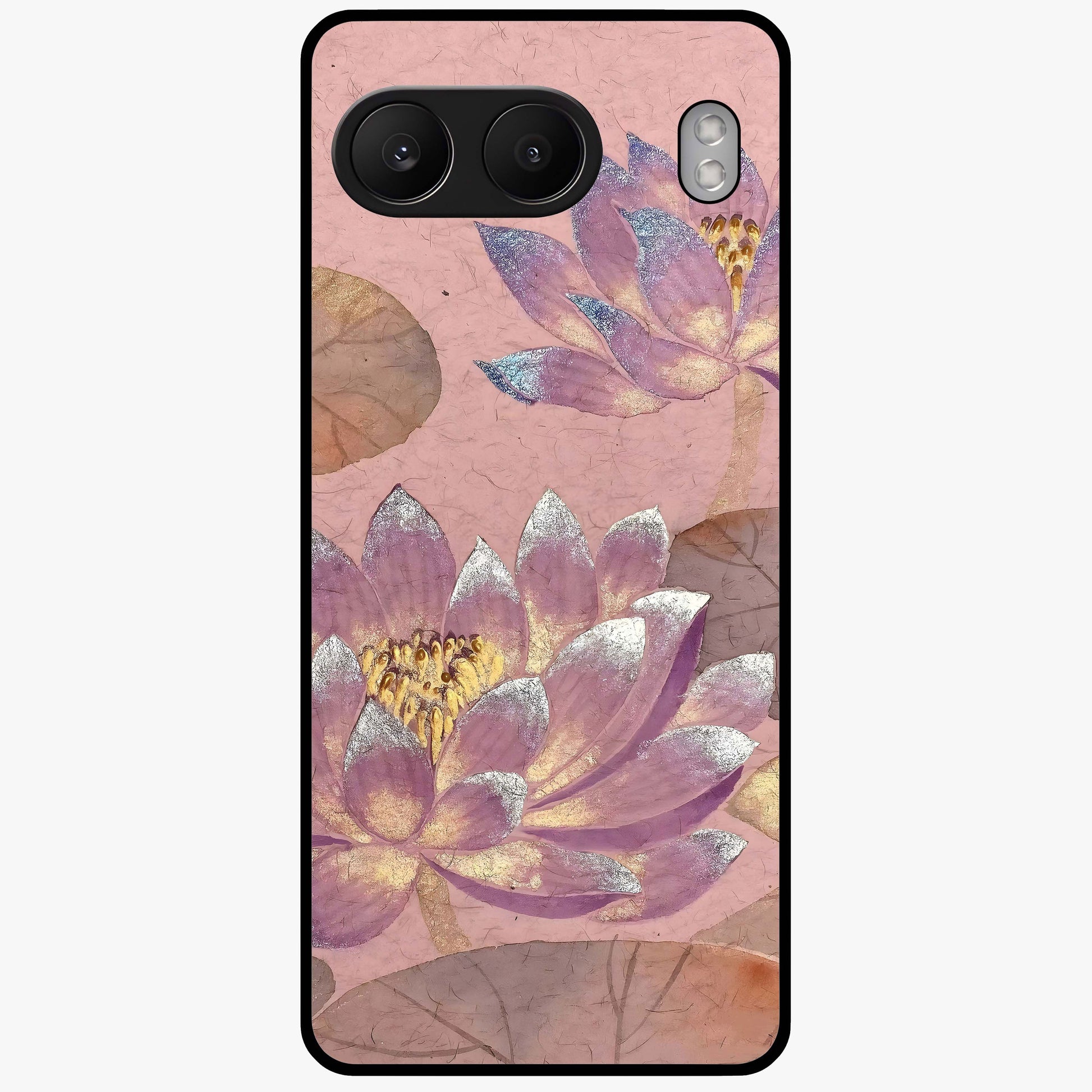 Blossom Mist Lotus Glass Case for 1+Nord 4 calm front view featuring lotus flower artwork with misty tones
