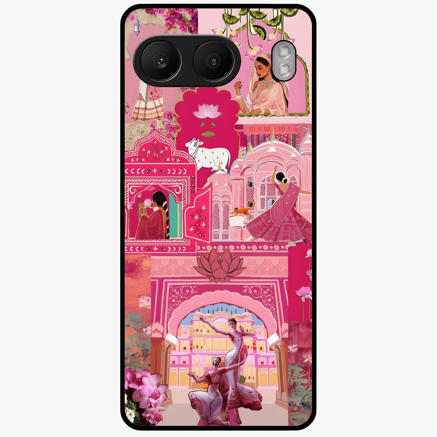Blossoms of Rajasthan Glass Case for 1+Nord 4 vibrant front view featuring traditional Rajasthani floral artwork