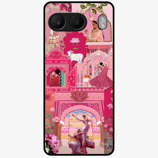 Blossoms of Rajasthan Glass Case for 1+Nord 4 vibrant front view featuring traditional Rajasthani floral artwork