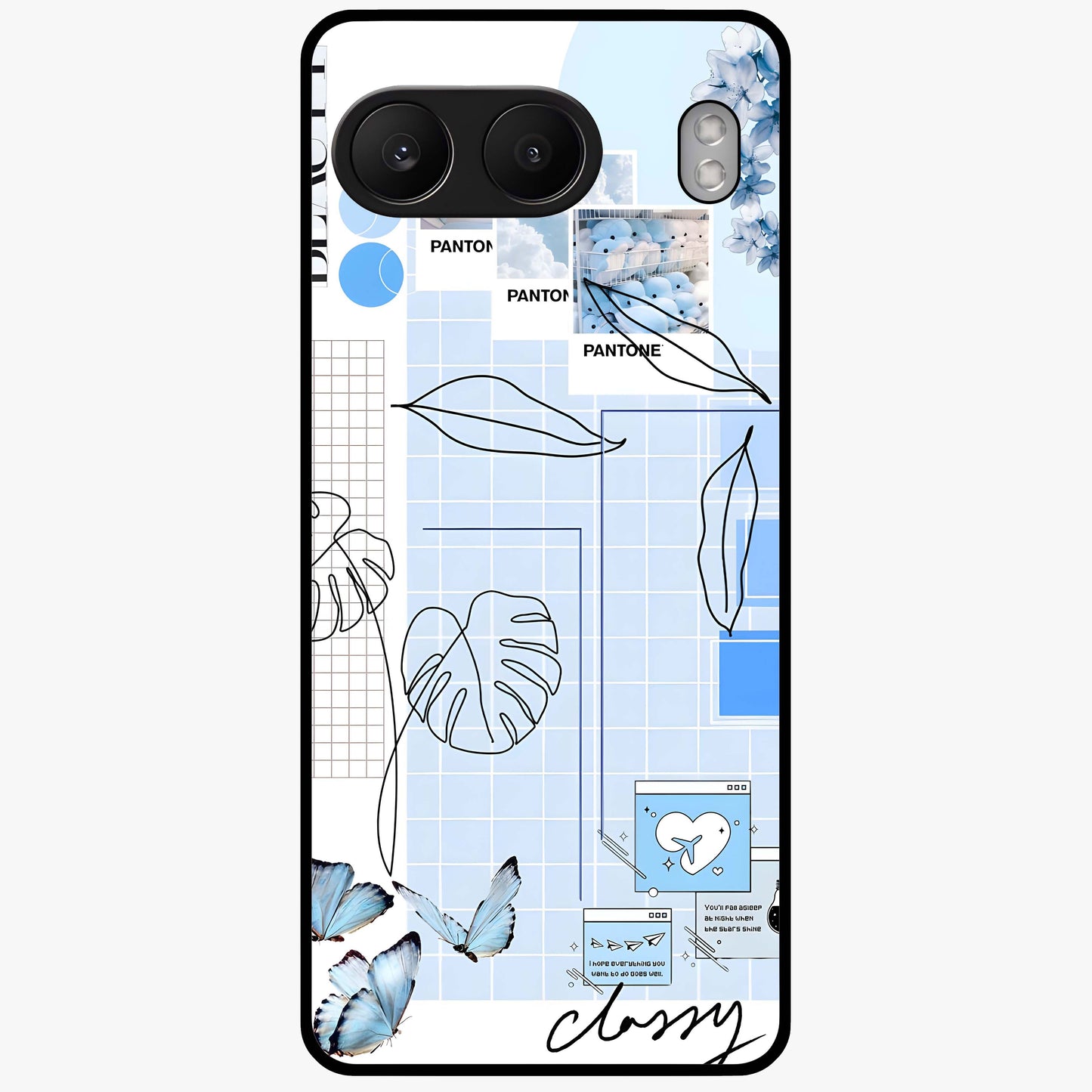 Blue Aesthetic Flower Glass Case for 1+Nord 4 elegant front view featuring soft blue floral artwork