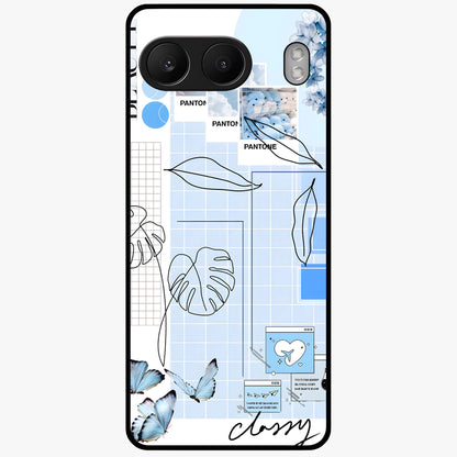 Blue Aesthetic Flower Glass Case for 1+Nord 4 elegant front view featuring soft blue floral artwork