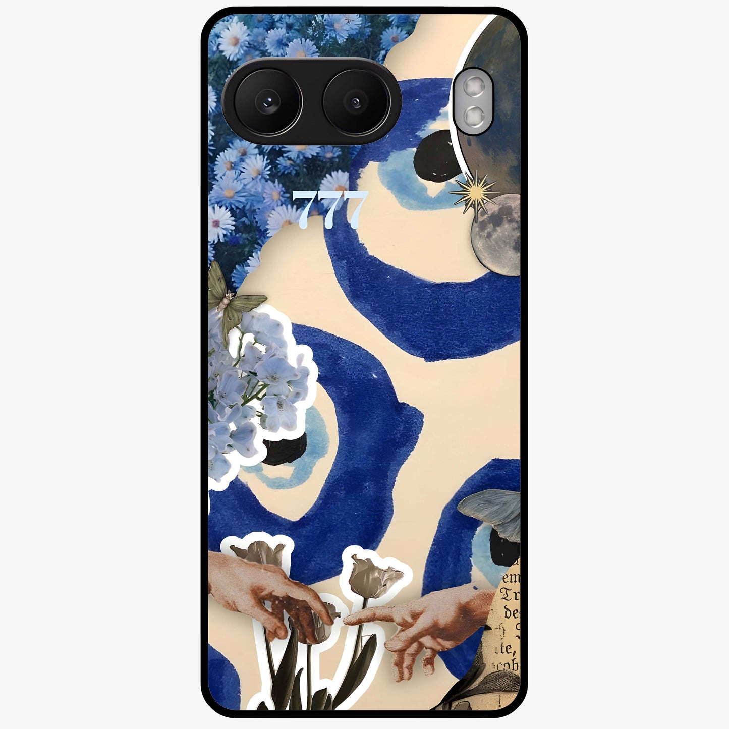 Blue Evil Divine Glass Case for 1+Nord 4 bold front view featuring vibrant evil eye artwork with divine aesthetic tones