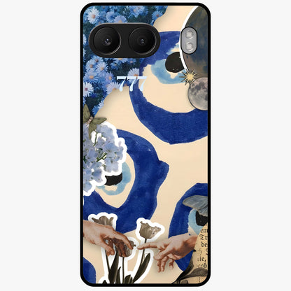 Blue Evil Divine Glass Case for 1+Nord 4 bold front view featuring vibrant evil eye artwork with divine aesthetic tones