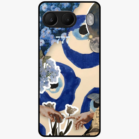 Blue Evil Divine Glass Case for 1+Nord 4 bold front view featuring vibrant evil eye artwork with divine aesthetic tones