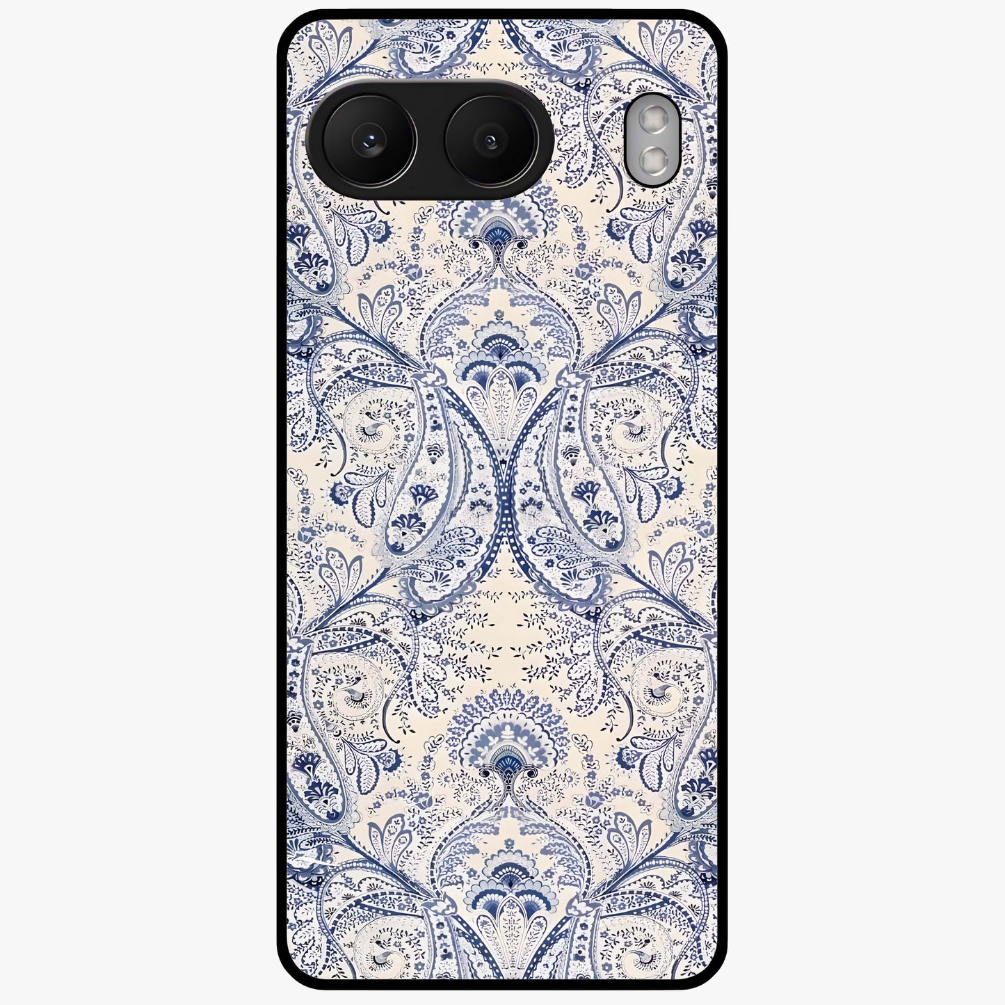 Blue Paisley Bloom Glass Case for 1+Nord 4 intricate front view featuring paisley floral artwork in rich blue tones