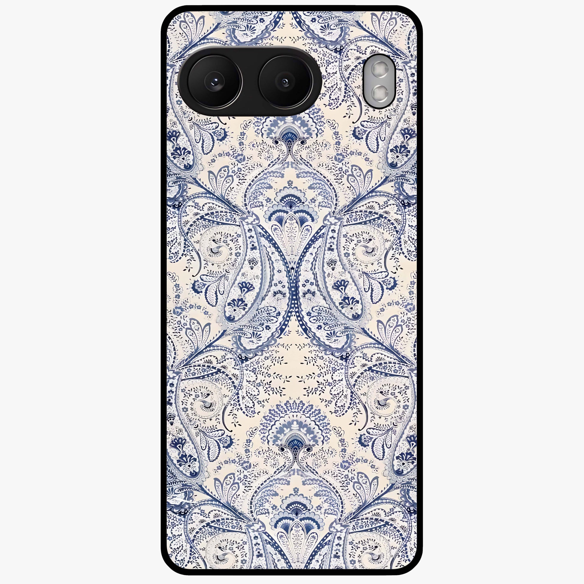 Blue Paisley Bloom Glass Case for 1+Nord 4 intricate front view featuring paisley floral artwork in rich blue tones