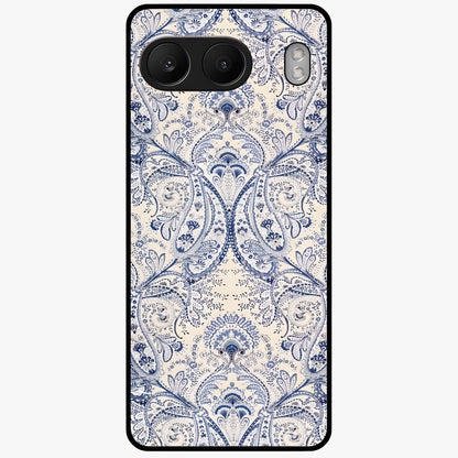 Blue Paisley Bloom Glass Case for 1+Nord 4 intricate front view featuring paisley floral artwork in rich blue tones