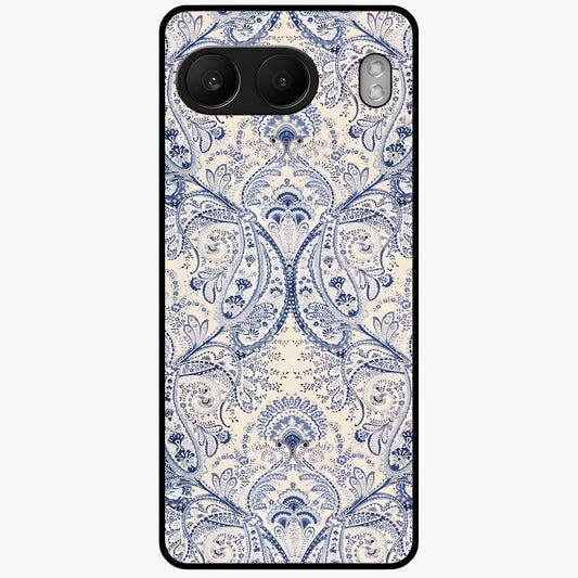Blue Paisley Bloom Glass Case for 1+Nord 4 intricate front view featuring paisley floral artwork in rich blue tones