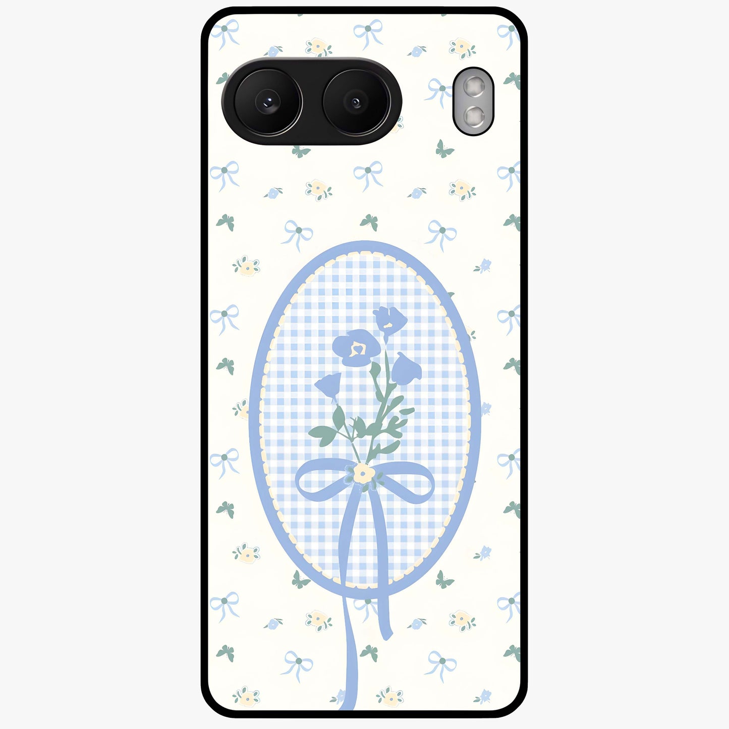 Blue Ribbon Bloom Glass Case for 1+Nord 4 elegant front view featuring soft floral artwork with ribbon accents