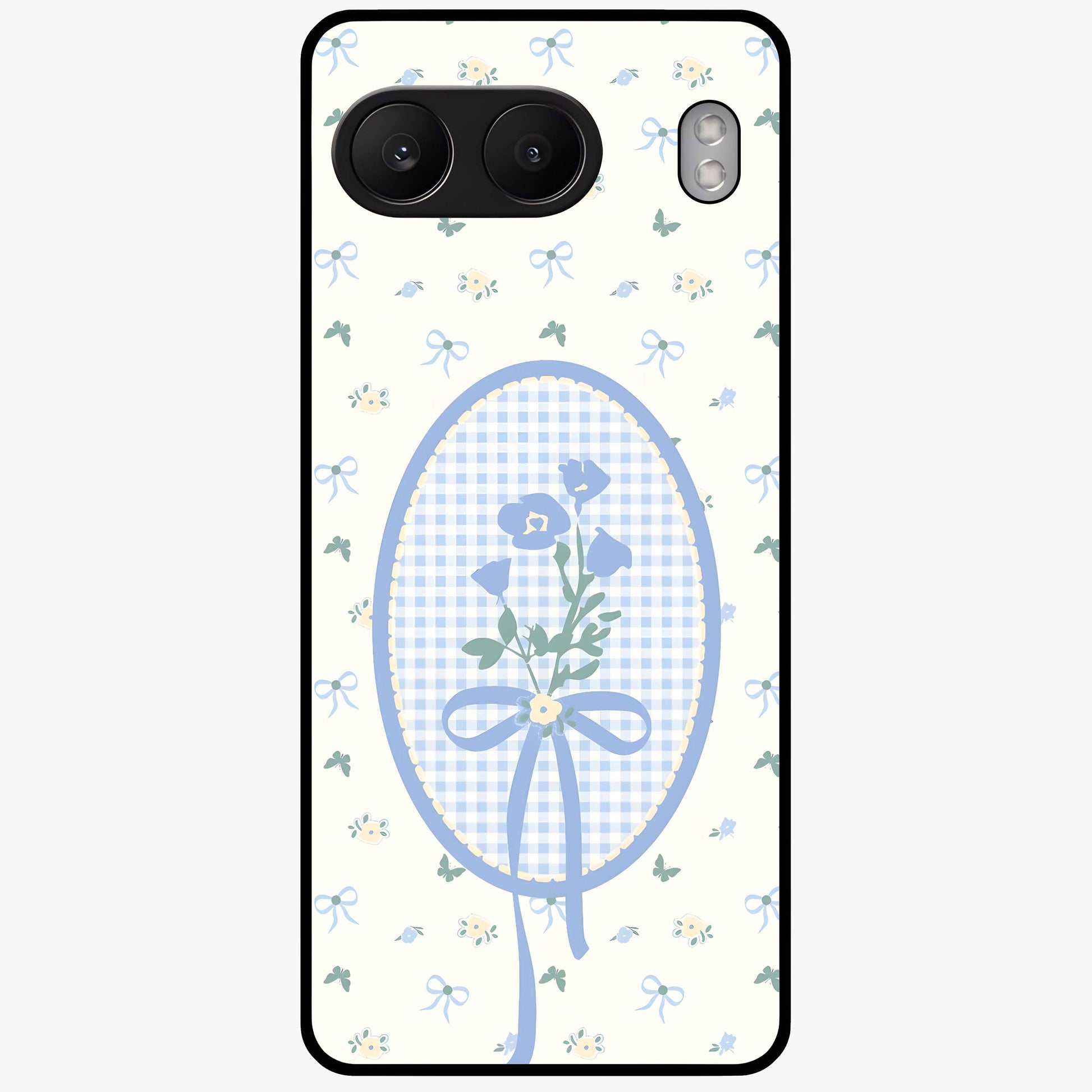 Blue Ribbon Bloom Glass Case for 1+Nord 4 elegant front view featuring soft floral artwork with ribbon accents