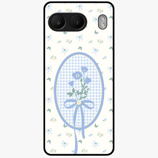 Blue Ribbon Bloom Glass Case for 1+Nord 4 elegant front view featuring soft floral artwork with ribbon accents