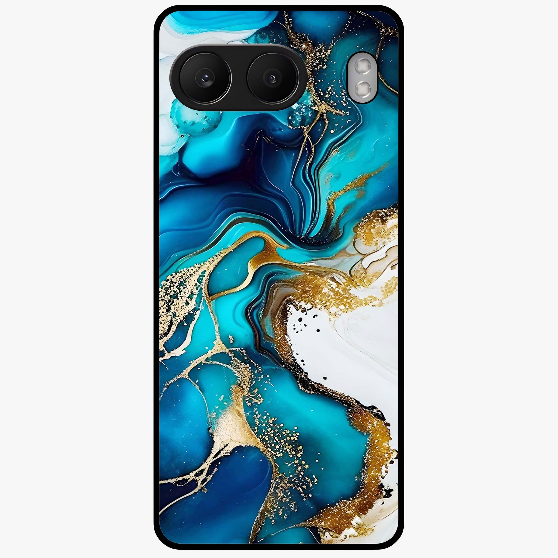 Blue and White Marble With Golden Viens Art Glass Case for 1+Nord 4 luxurious front view featuring marble texture with golden vein detailing