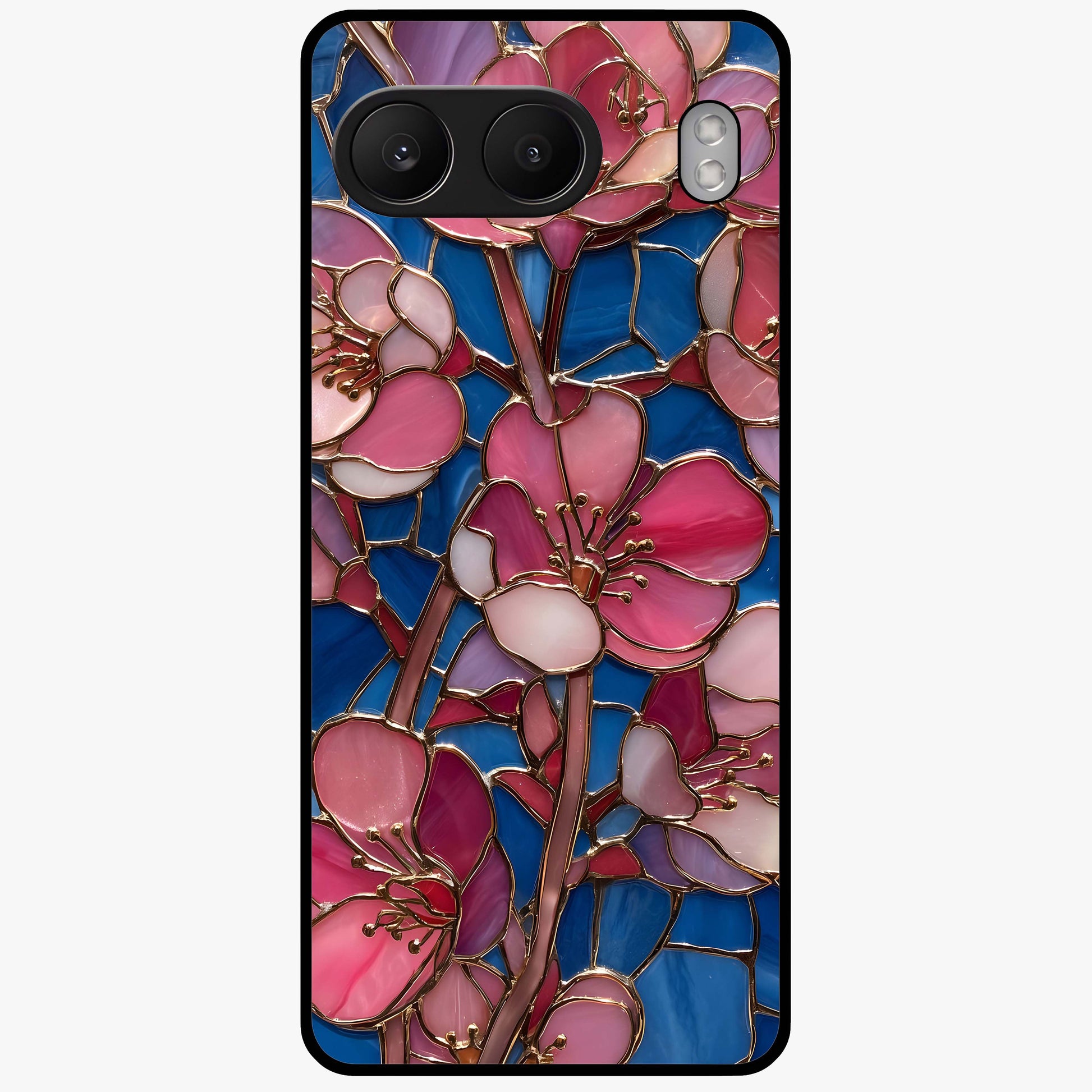 Blush Bloom Glass Case for 1+Nord 4 soft front view featuring pastel blush floral artwork