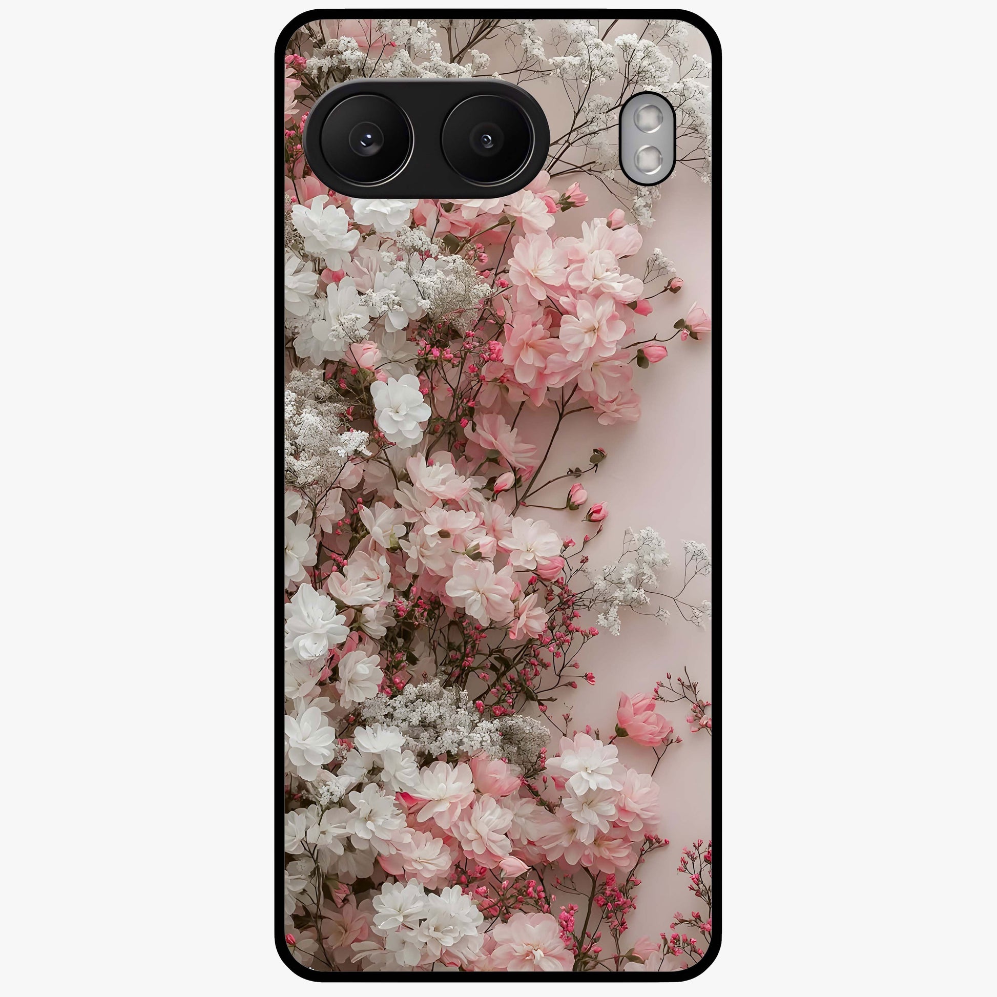 Blush Blossom Cloud Glass Case for 1+Nord 4 dreamy front view featuring soft blossom artwork with cloud inspired tones