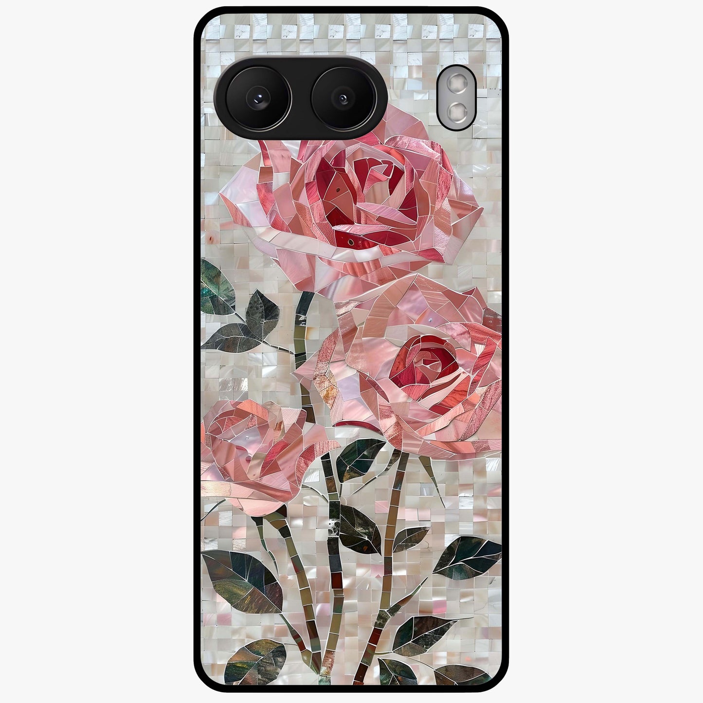 Blush Mosaic Bloom Glass Case for 1+Nord 4 artistic front view featuring mosaic style floral artwork